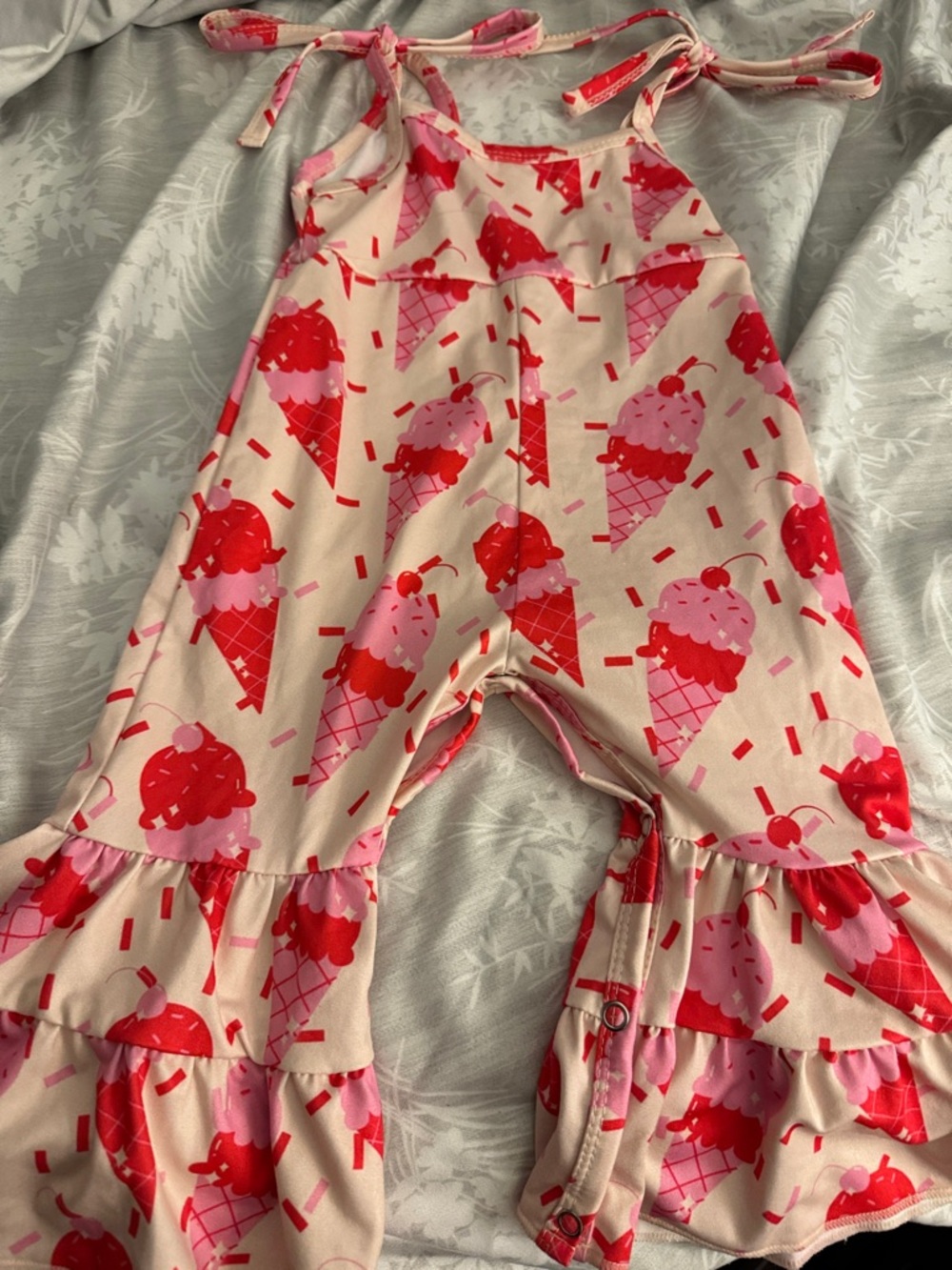 Girls Pink Ice Cream Print Ruffle Romper